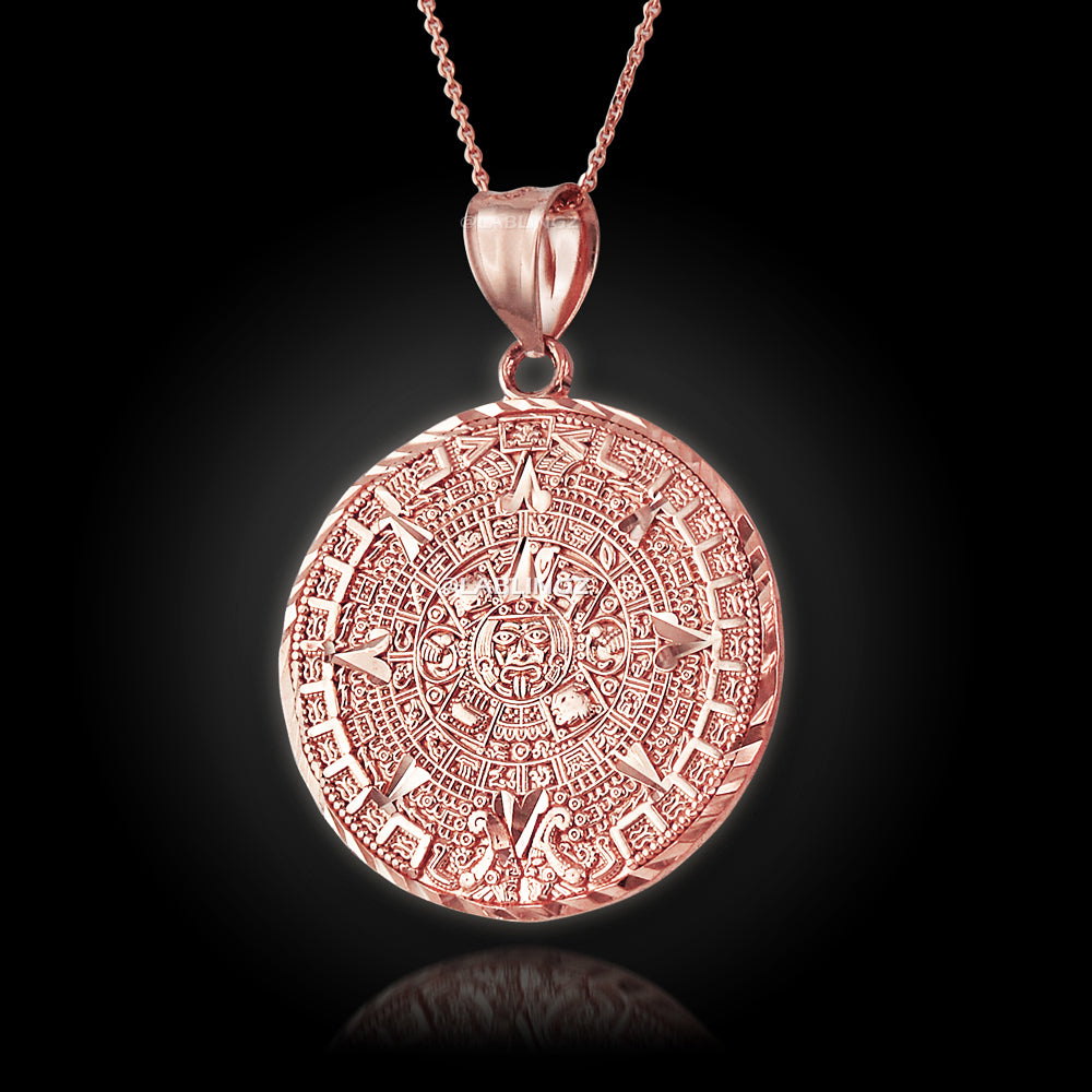 14K Gold Aztec Mayan Sun Calendar Pendant Necklace (yellow, white, rose gold)