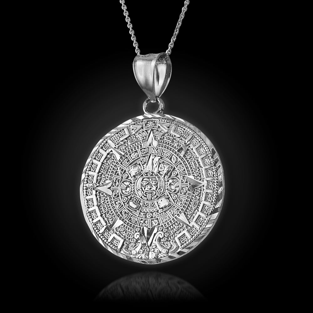 14K Gold Aztec Mayan Sun Calendar Pendant Necklace (yellow, white, rose gold)