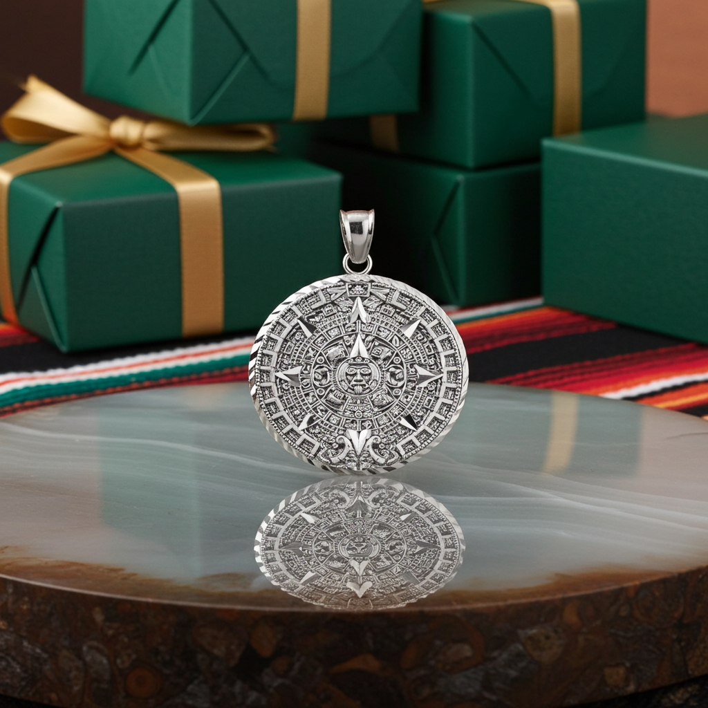 10K Gold Aztec Mayan Sun Calendar Pendant (3 sizes, yellow, white, rose gold)