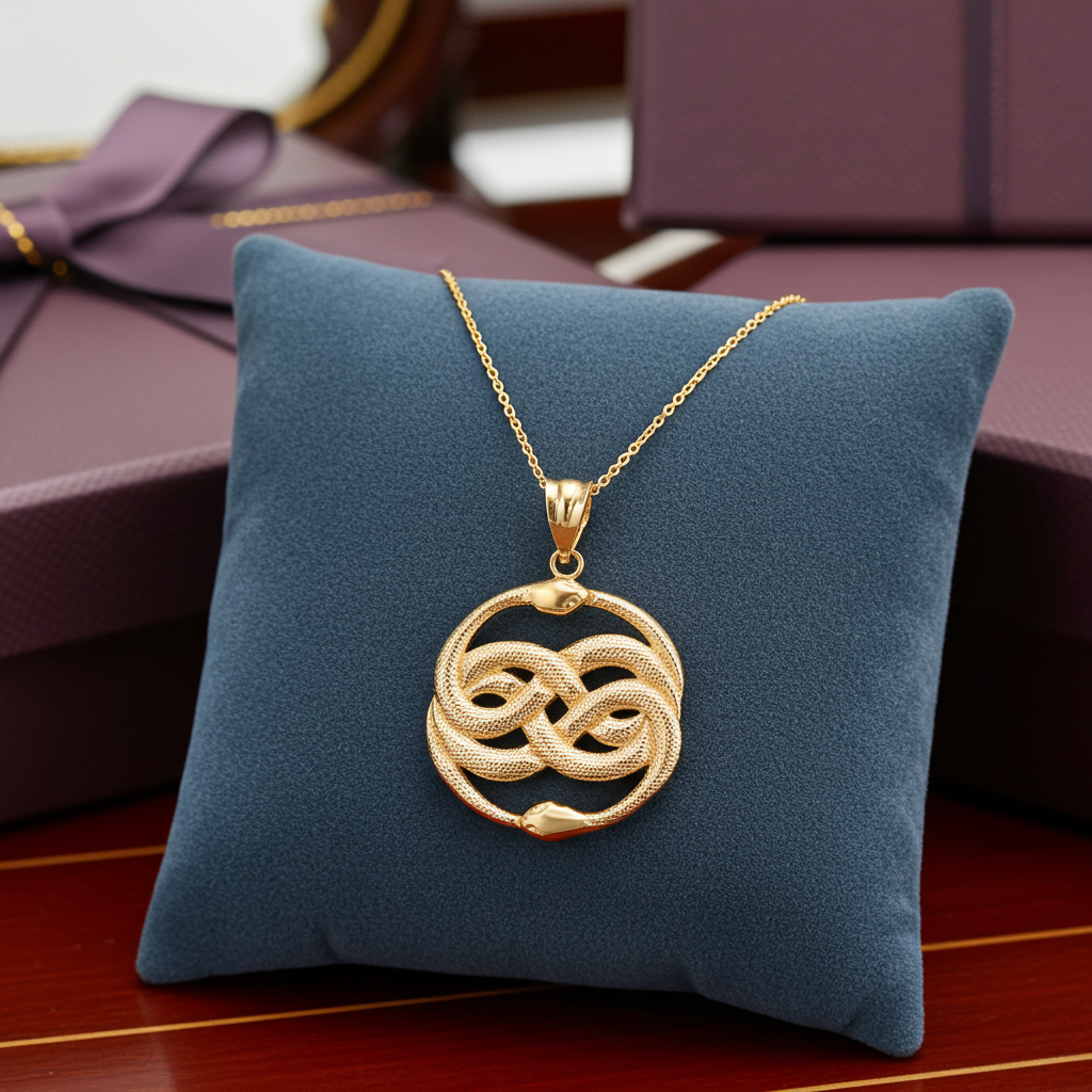 Gold Double Infinity Ouroboros Snakes Pendant Necklace (yellow, white, rose gold, 10k, 14k)