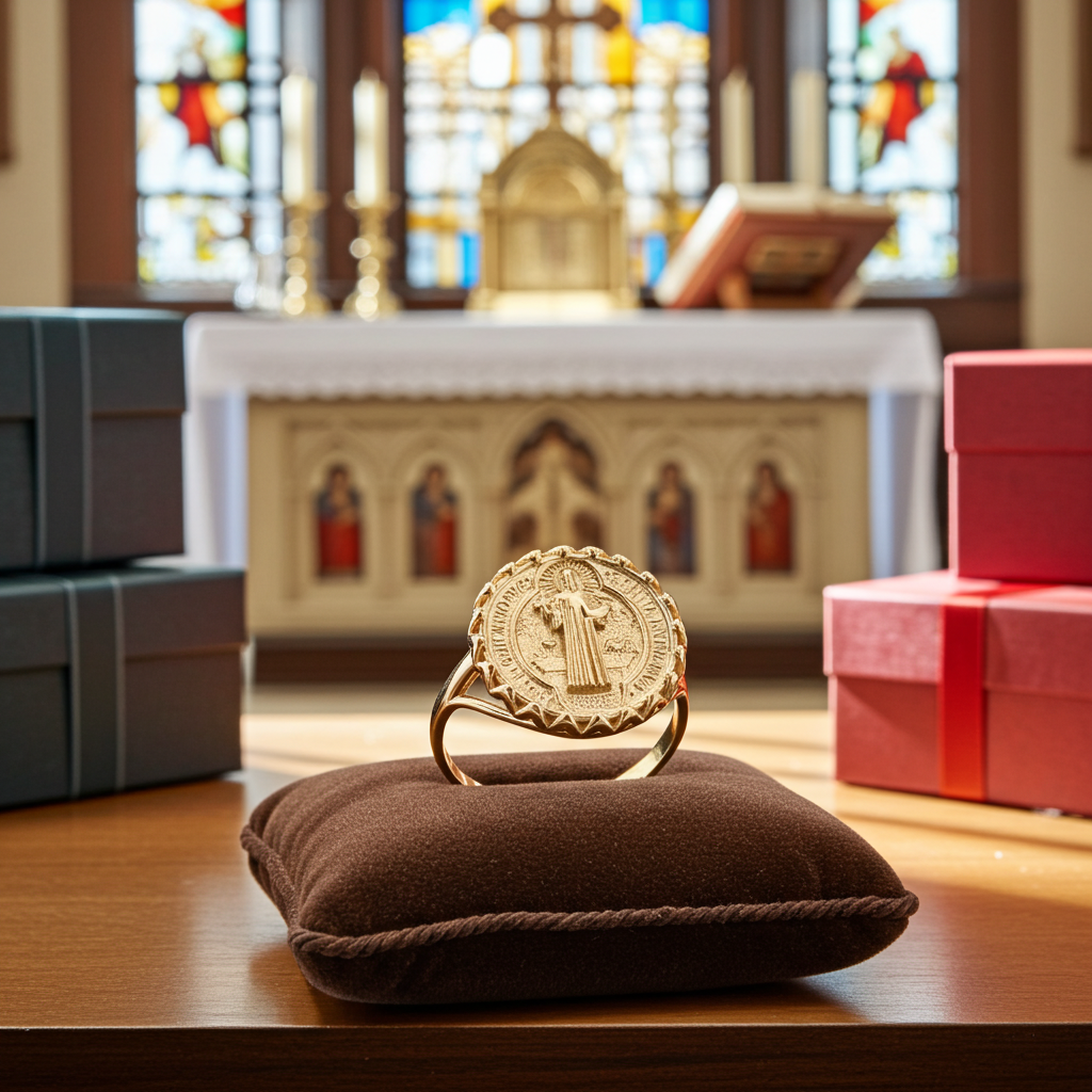 Solid Gold St. Benedict Coin Medallion Ring for Women