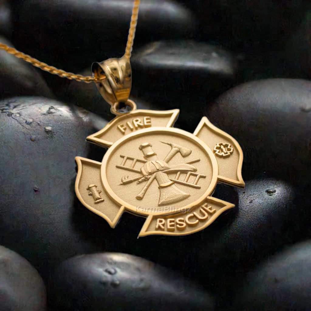 Gold Firefighter Fire Rescue Maltese Cross Pendant Necklace (14K, 10K, yellow, white, rose gold)