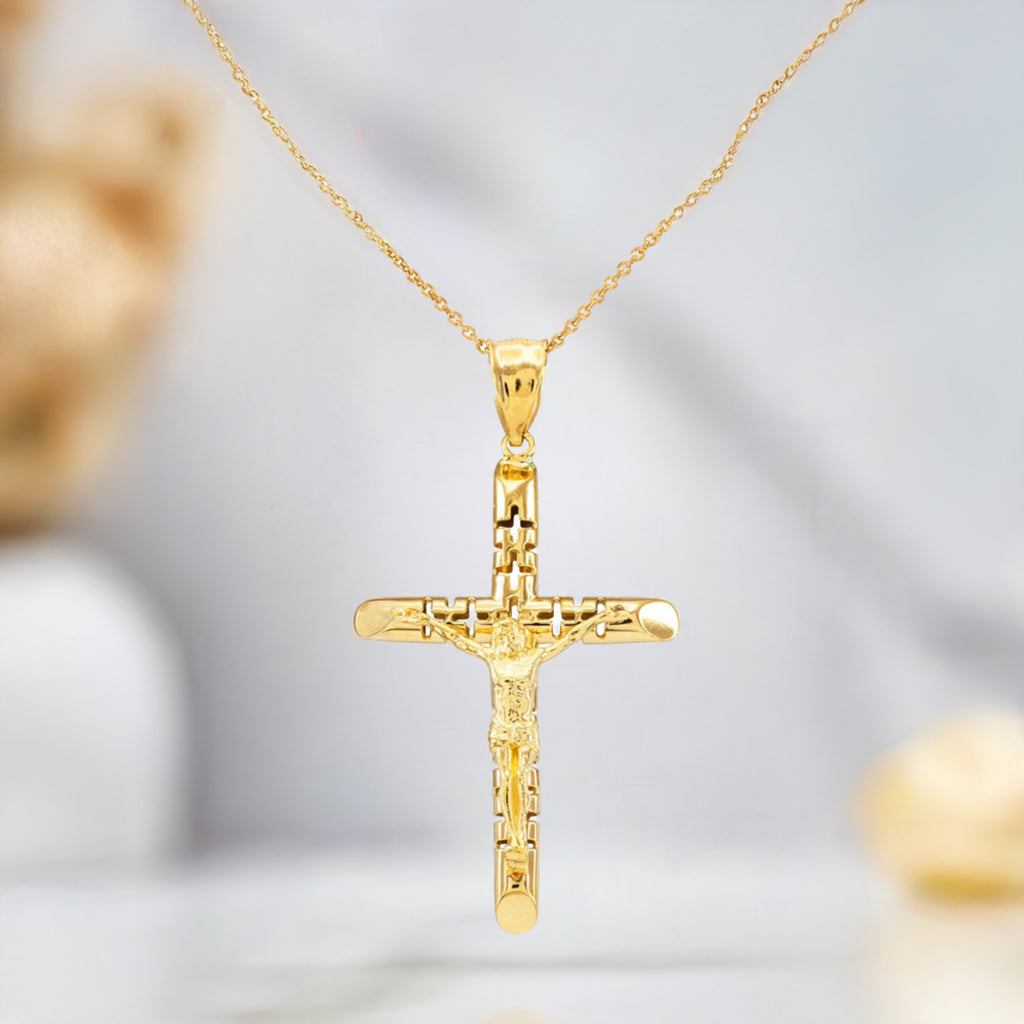 Gold Crucifix Tube Cross Pendant Necklace (yellow gold, white gold)