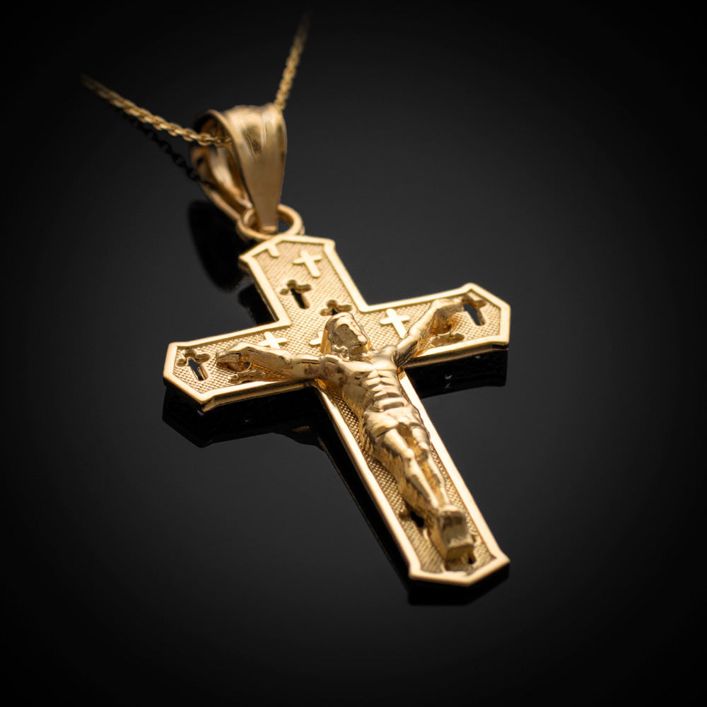 Gold Crucifix Cross Charm Pendant Necklace (10k, 14k, yellow, white, rose, 2-tone)
