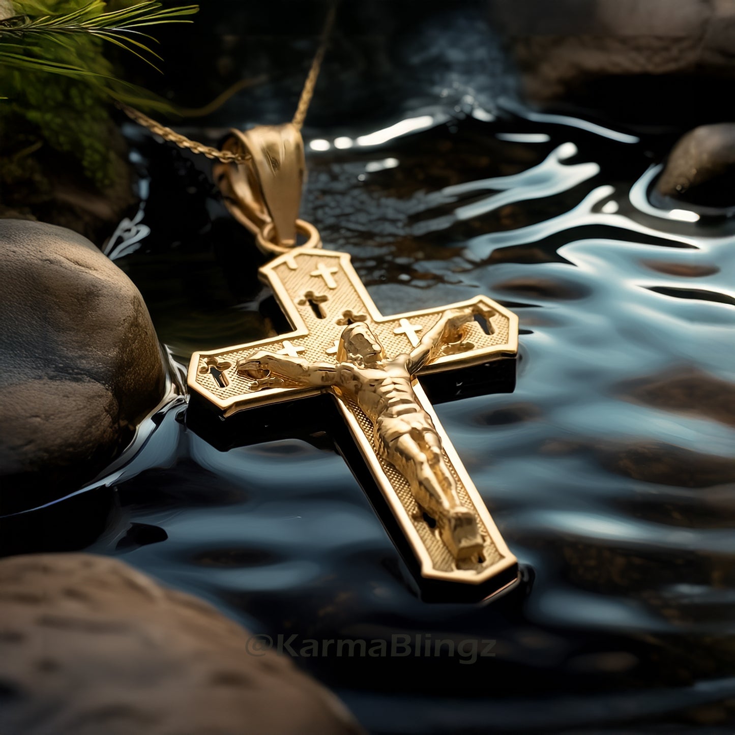Gold Crucifix Cross Charm Pendant Necklace (10k, 14k, yellow, white, rose, 2-tone)