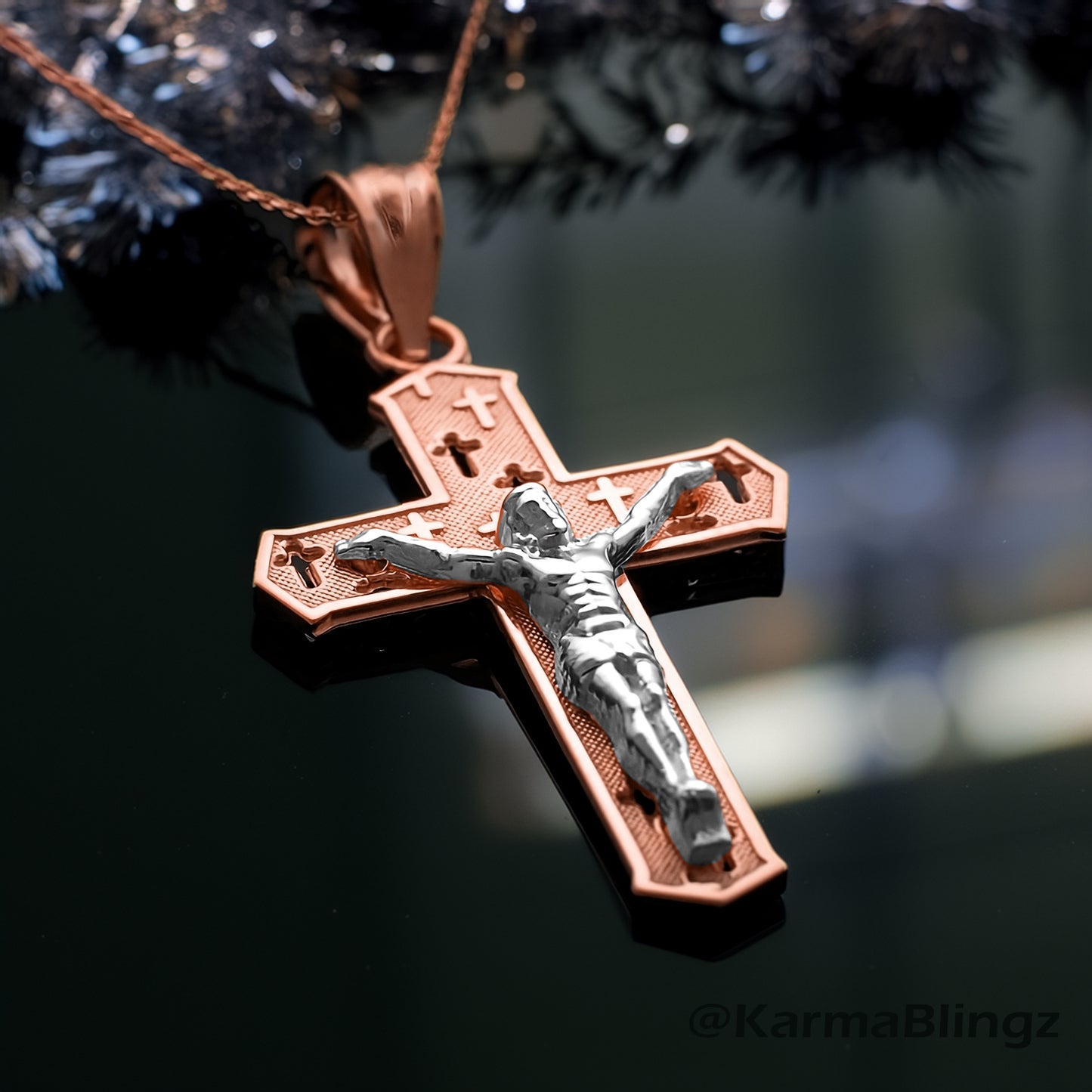 Gold Crucifix Cross Charm Pendant Necklace (10k, 14k, yellow, white, rose, 2-tone)
