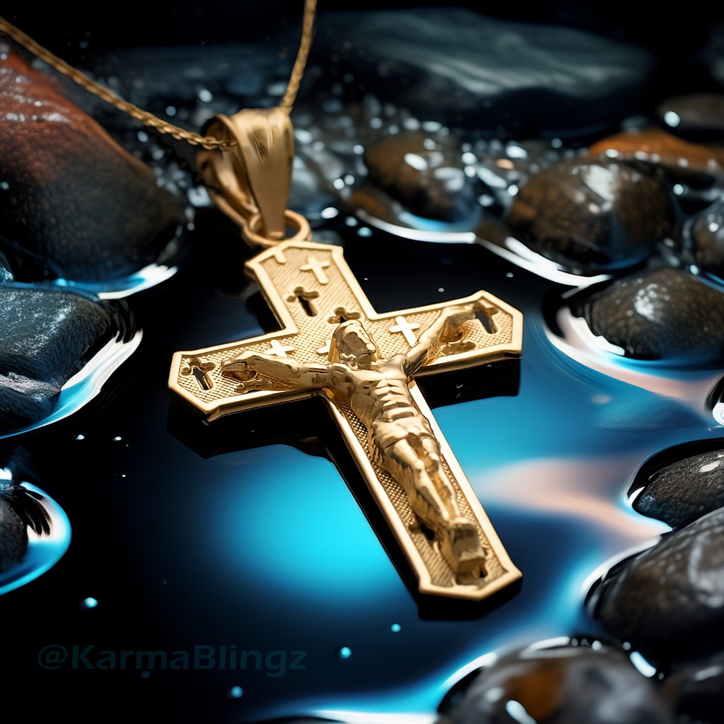 Gold Crucifix Cross Charm Pendant Necklace (10k, 14k, yellow, white, rose, 2-tone)