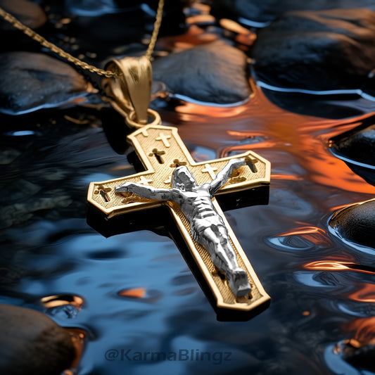 Gold Crucifix Cross Charm Pendant Necklace (10k, 14k, yellow, white, rose, 2-tone)