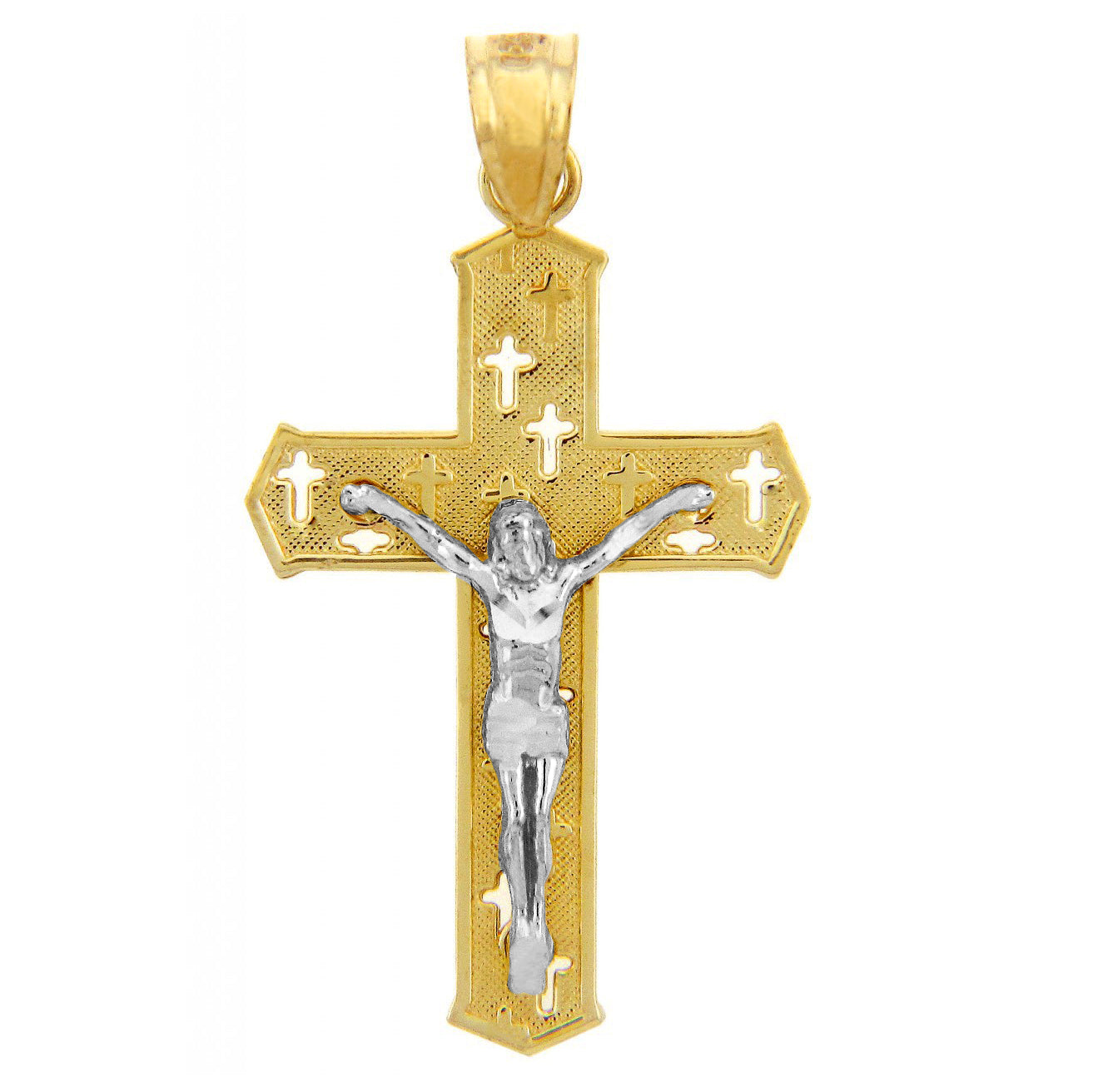 Gold Crucifix Cross Charm Pendant Necklace (10k, 14k, yellow, white, rose, 2-tone)