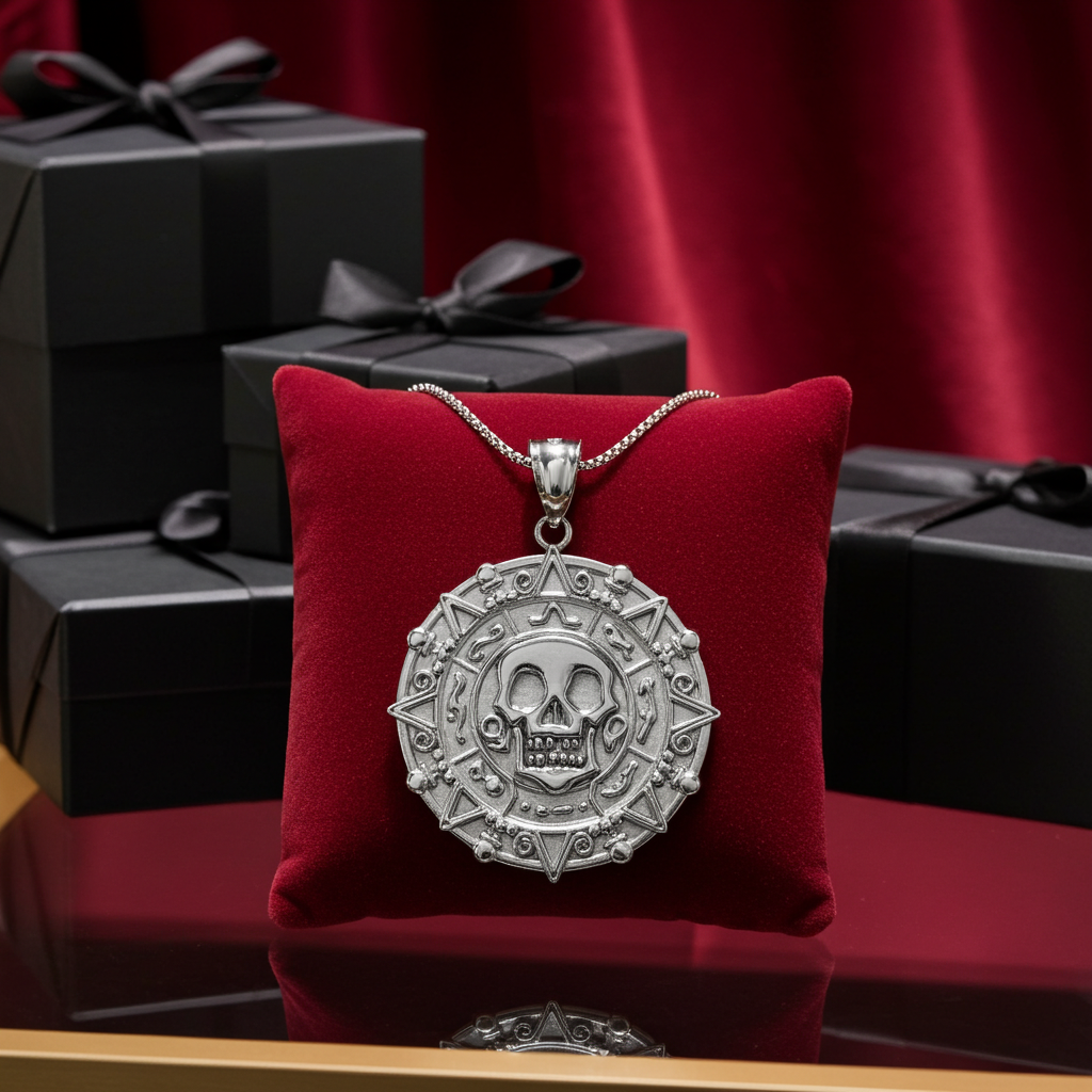 Sterling Silver Aztec Coin Pirates of The Caribbean Skull Medallion Pendant Necklace Karma Blingz