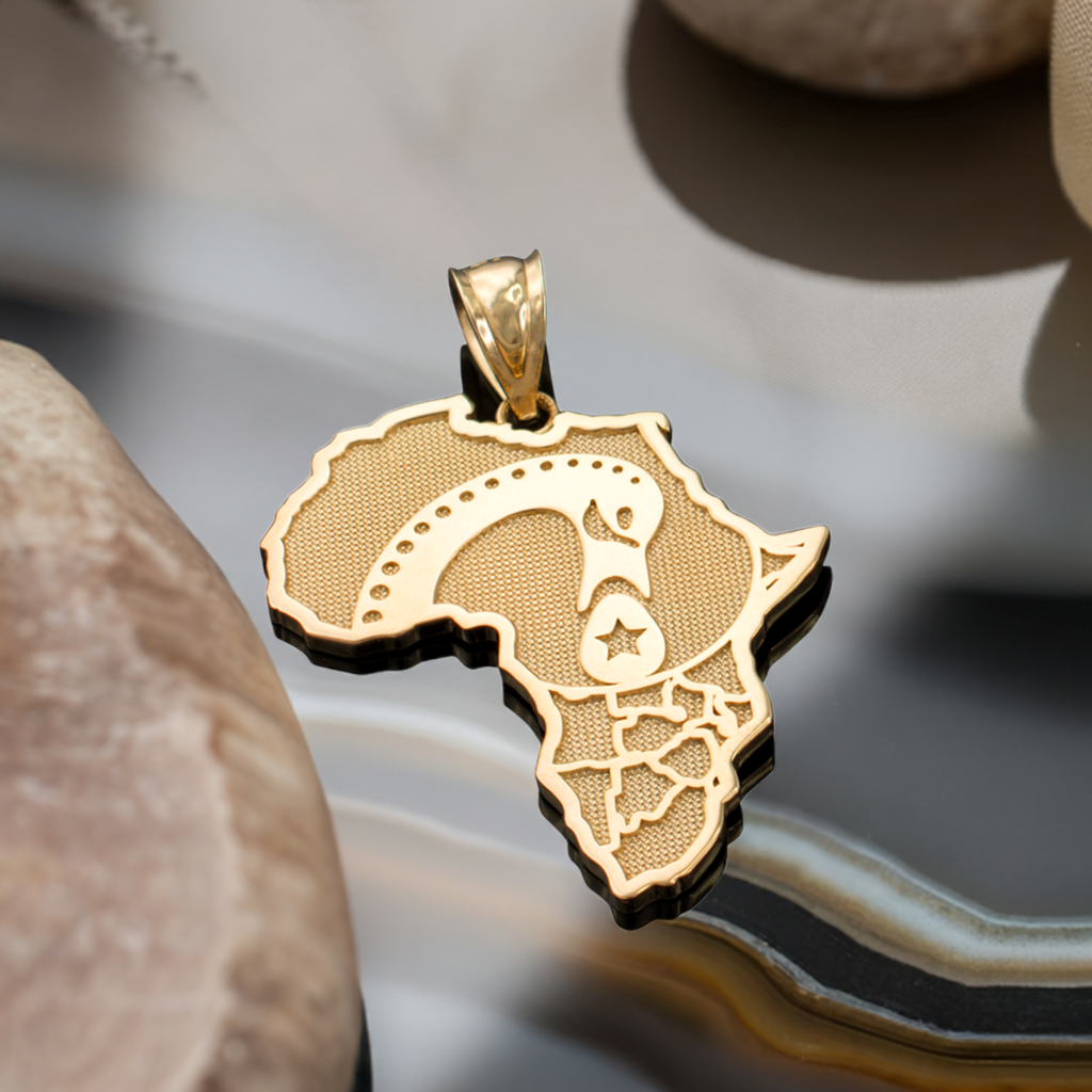 Gold Africa Map Adinkra Sankofa Pendant Necklace (10K, 14K, yellow, white, rose gold)