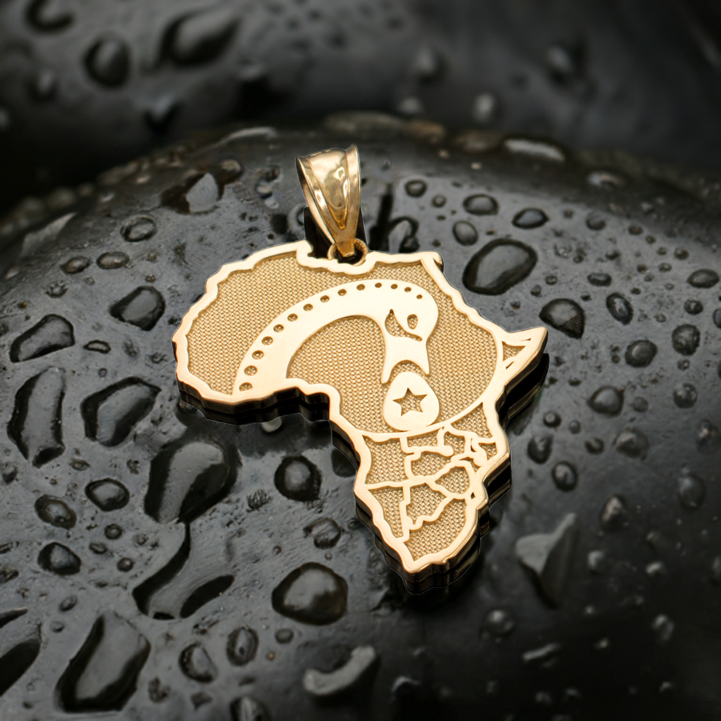 Gold Africa Map Adinkra Sankofa Pendant Necklace (10K, 14K, yellow, white, rose gold)