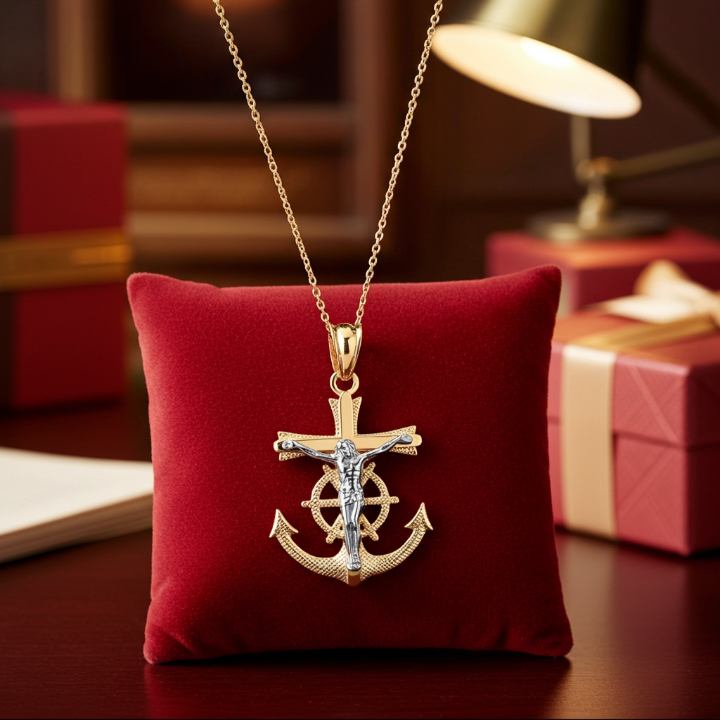 Gold Mariner Anchor Crucifix Cross Pendant Necklace (yellow, white, rose gold, 10k, 14k)