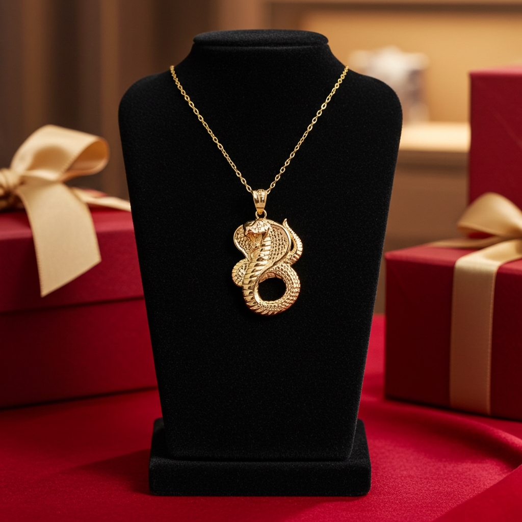 Gold King Cobra Snake Pendant Necklace (yellow, white, rose gold, 10k, 14k)