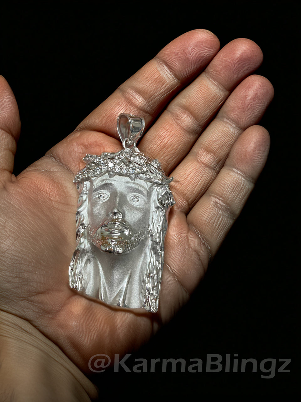 Sterling Silver Jesus Face Mens Large CZ Pendant