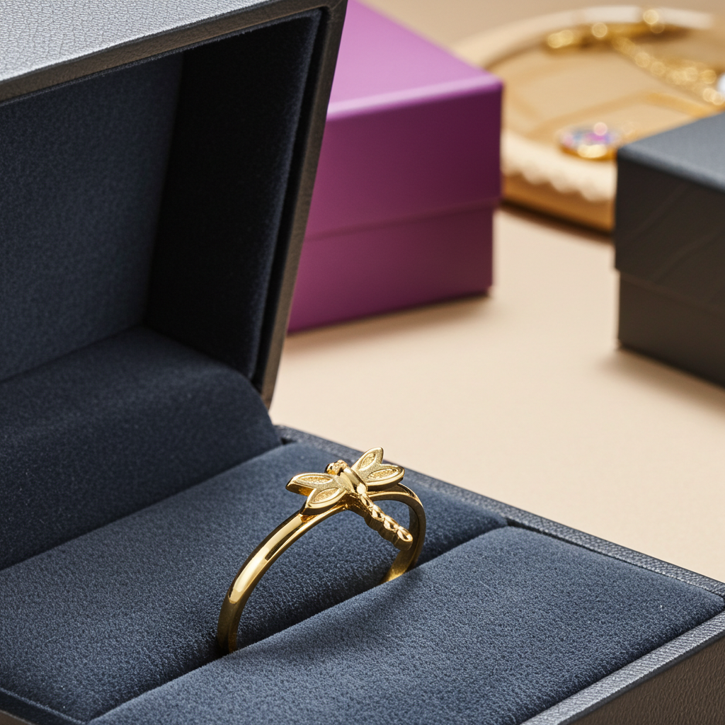 Gold Tiny Dragonfly Dainty Ring Minimalist Band 10K 14K Yellow, White, Rose