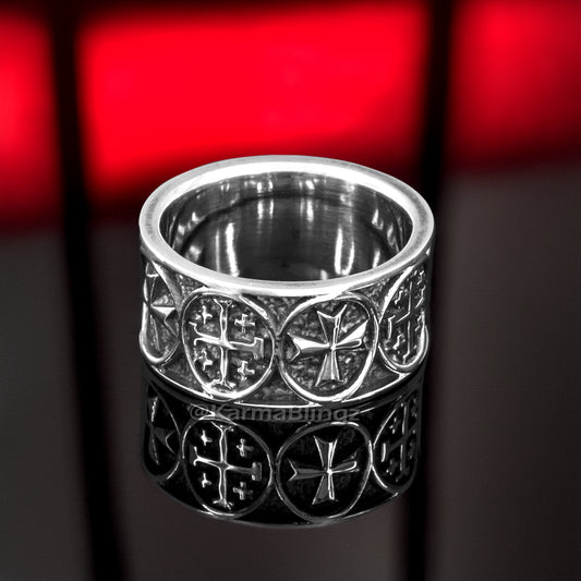 Solid Sterling Silver Jerusalem Maltese Cross Mens Ring Band