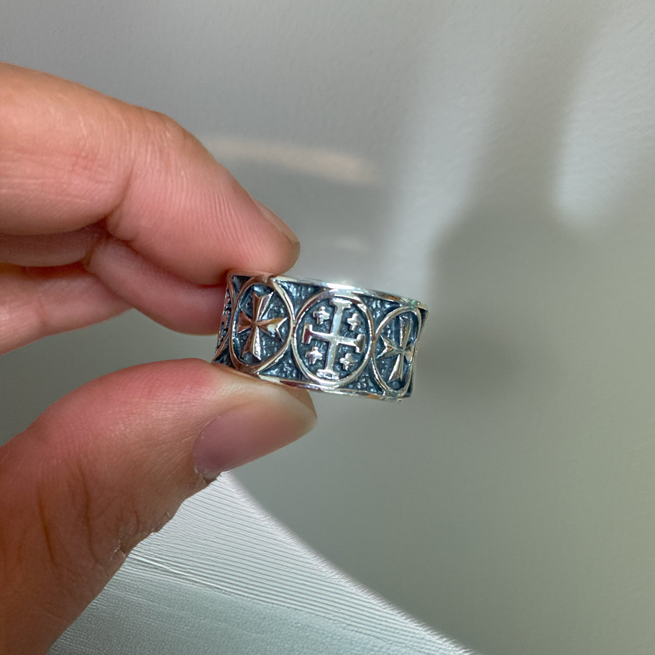 Solid Sterling Silver Jerusalem Maltese Cross Mens Ring Band
