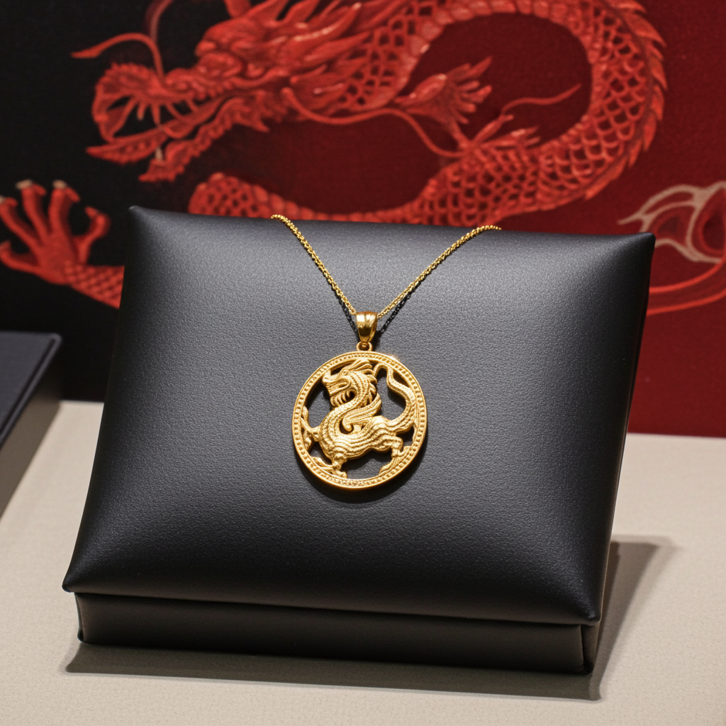 Gold Chinese Dragon Open Oval Medallion Pendant Necklace (yellow, white, rose gold, 10k, 14k)