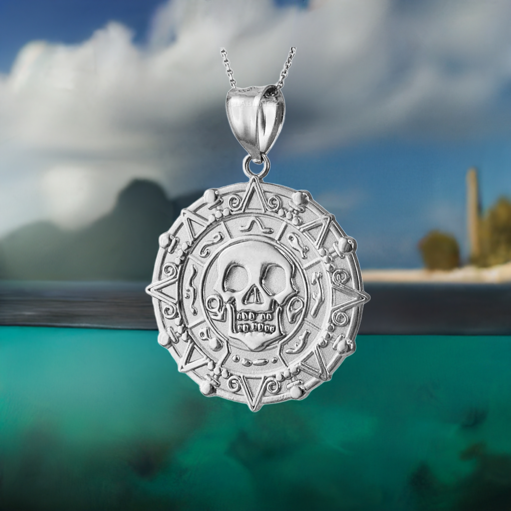 Sterling Silver Aztec Coin Pirates of The Caribbean Skull Medallion Pendant Necklace