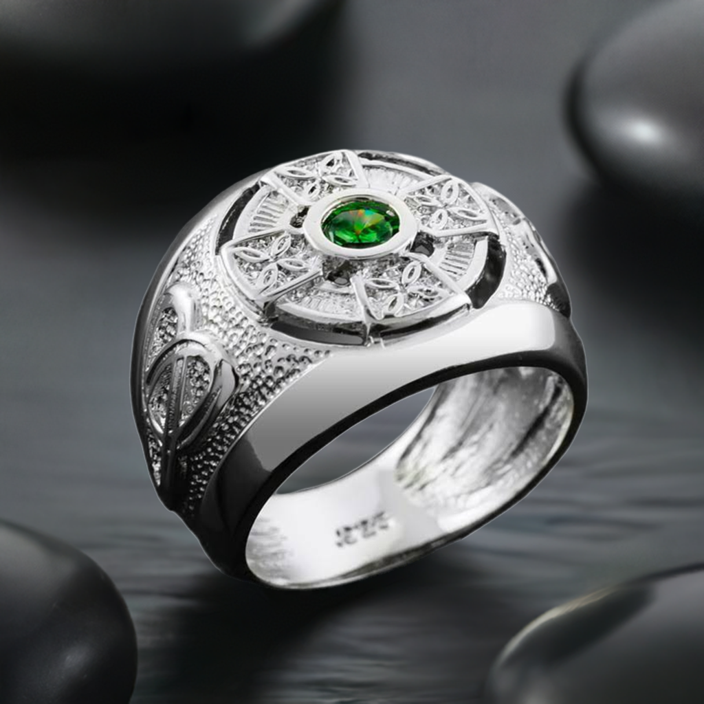 Sterling Silver Green CZ Mens Celtic Statement Ring – Karma Blingz Sterling Silver Green CZ Mens Celtic Statement Ring – Karma Blingz