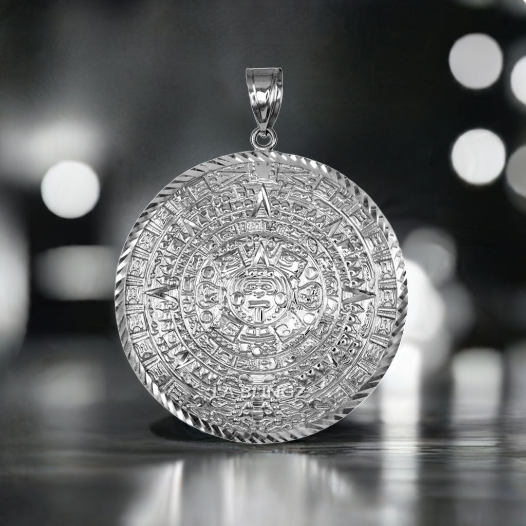 Sterling Silver Aztec Mayan Sun Calendar Extra Large Pendant (XL/XXL)