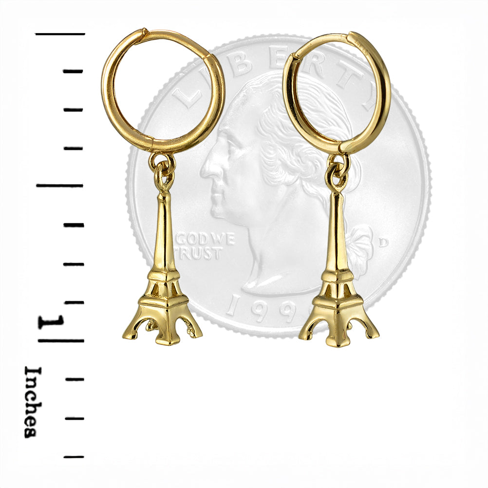 14K Yellow Gold Paris Eiffel Tower 3D Dangle Hoop Earrings