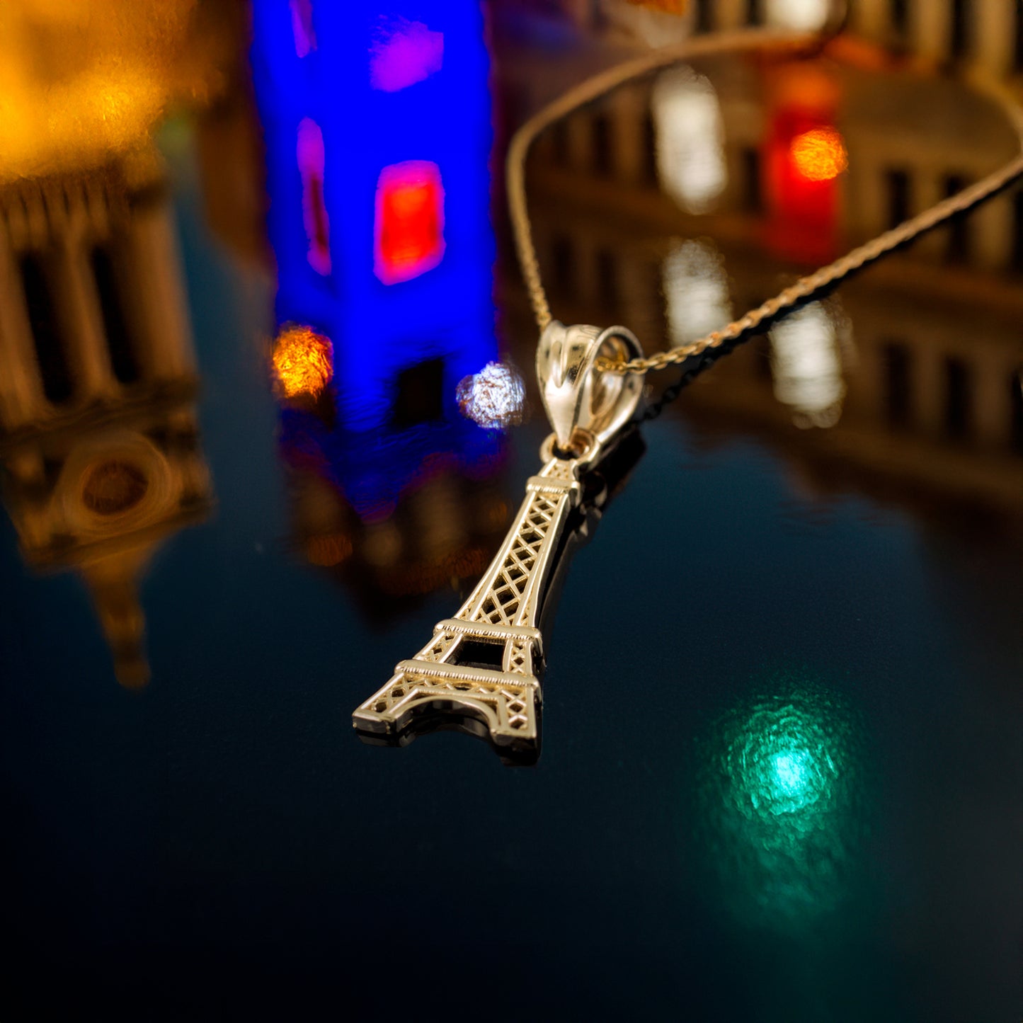 Gold Paris Eiffel Tower Charm Necklace (yellow, white, rose gold, 10k, 14k)