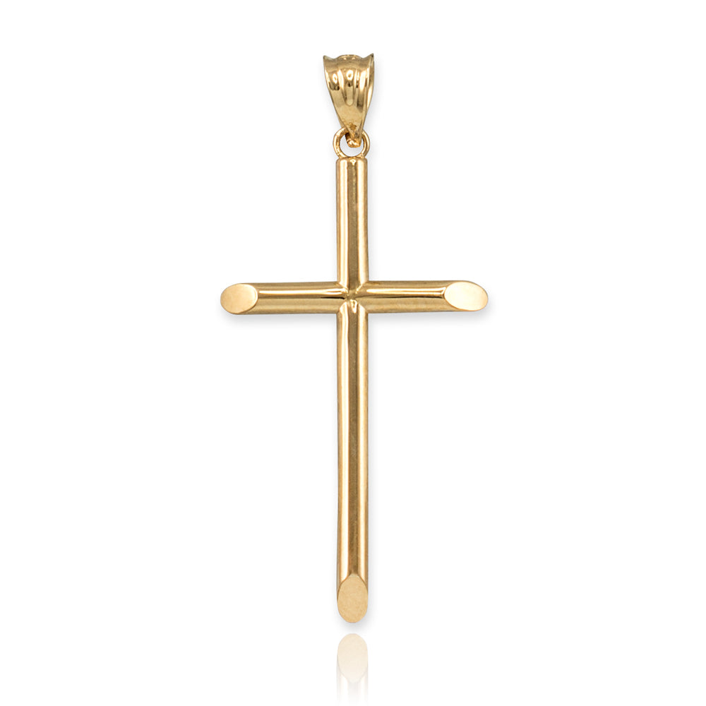 14K Yellow Gold Plain Tube Cross Charm Necklace (3 sizes: S/M/L)