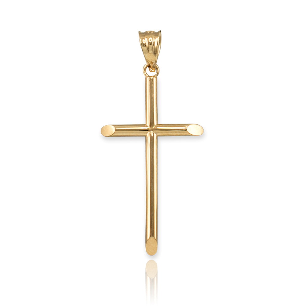 14K Yellow Gold Plain Tube Cross Charm Necklace (3 sizes: S/M/L)
