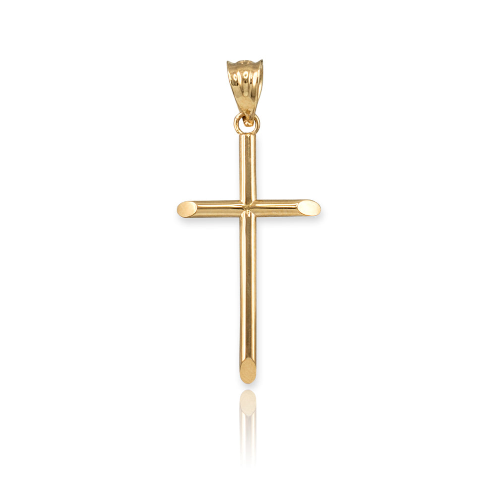14K Yellow Gold Plain Tube Cross Charm Necklace (3 sizes: S/M/L)