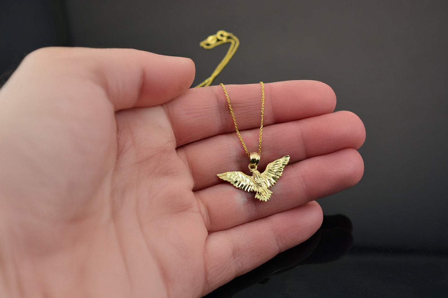 Solid Gold Falcon Eagle DC Pendant Necklace (yellow, white, rose gold, 10k, 14k)