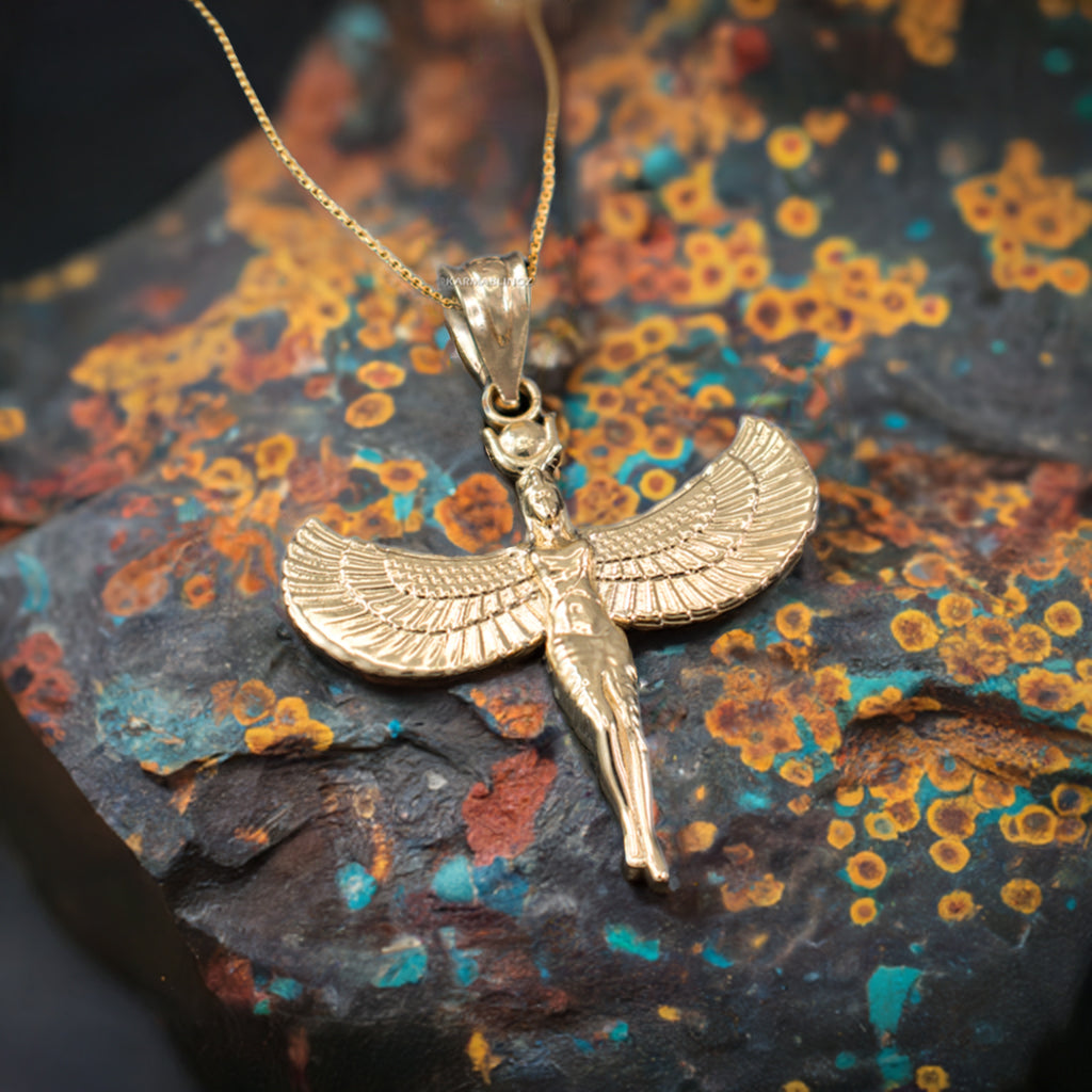 Gold Isis Egyptian Winged Goddess Pendant Necklace