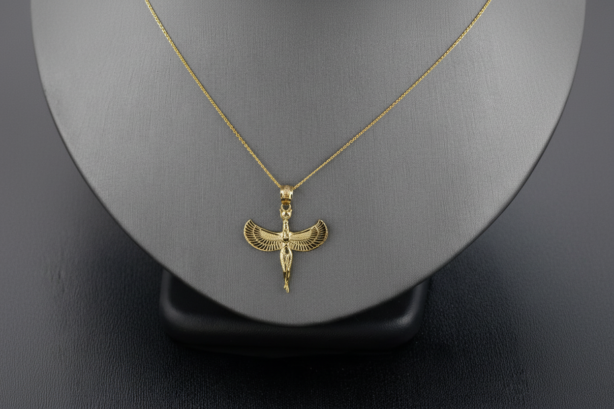 Egyptian Isis Standing Winged Goddess Gold Pendant Necklace