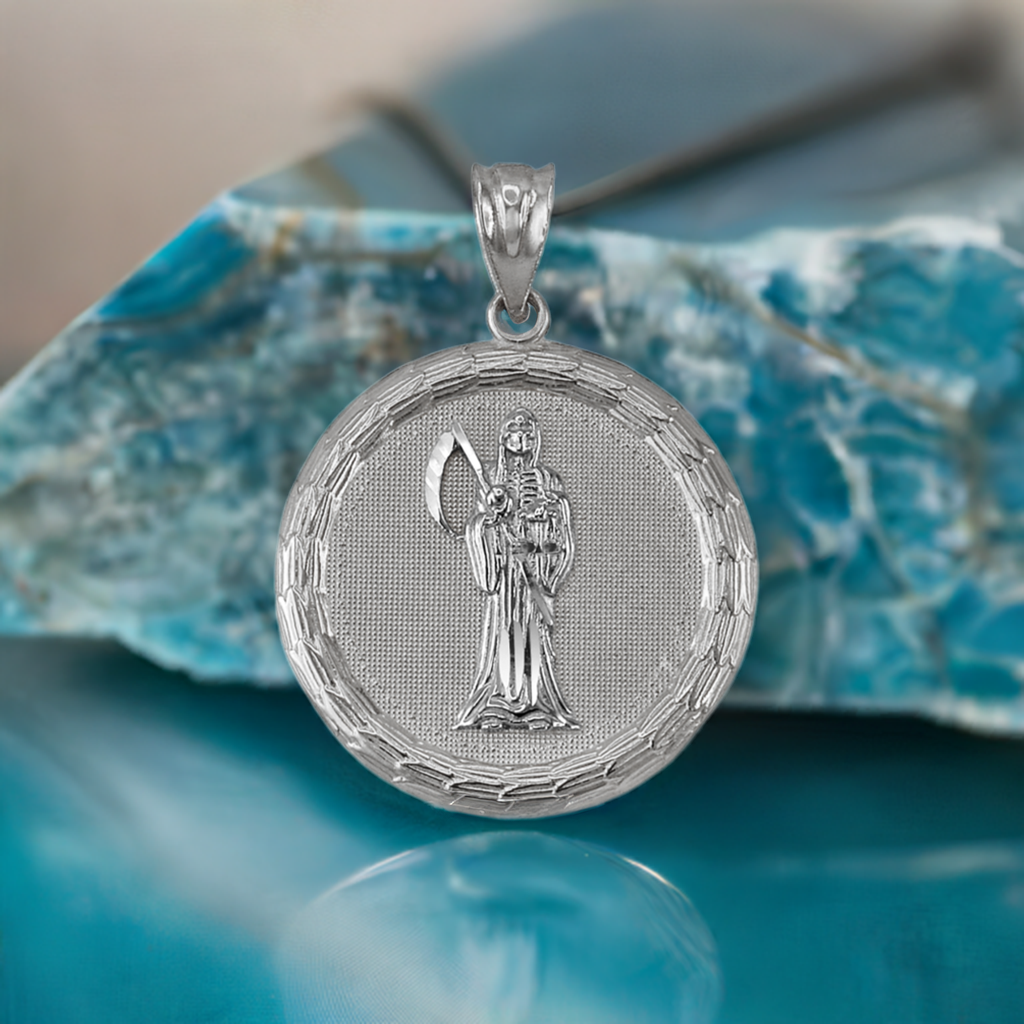 Sterling Silver Santa Muerte Medallion Pendant Necklace