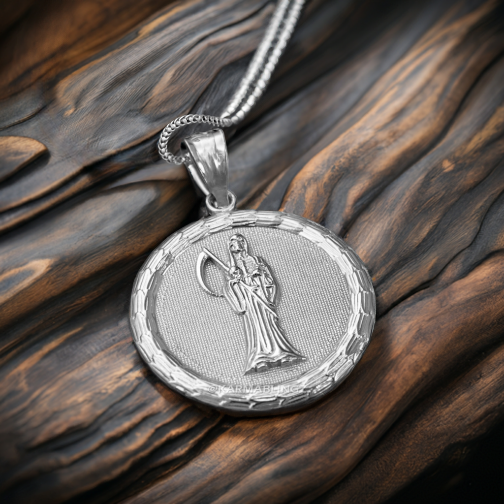Sterling Silver Santa Muerte Medallion Pendant Necklace