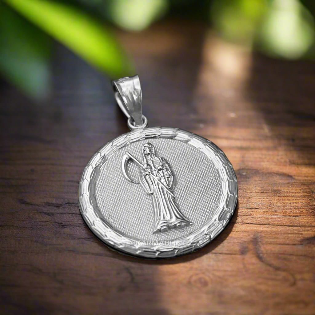 Sterling Silver Santa Muerte Medallion Pendant Necklace