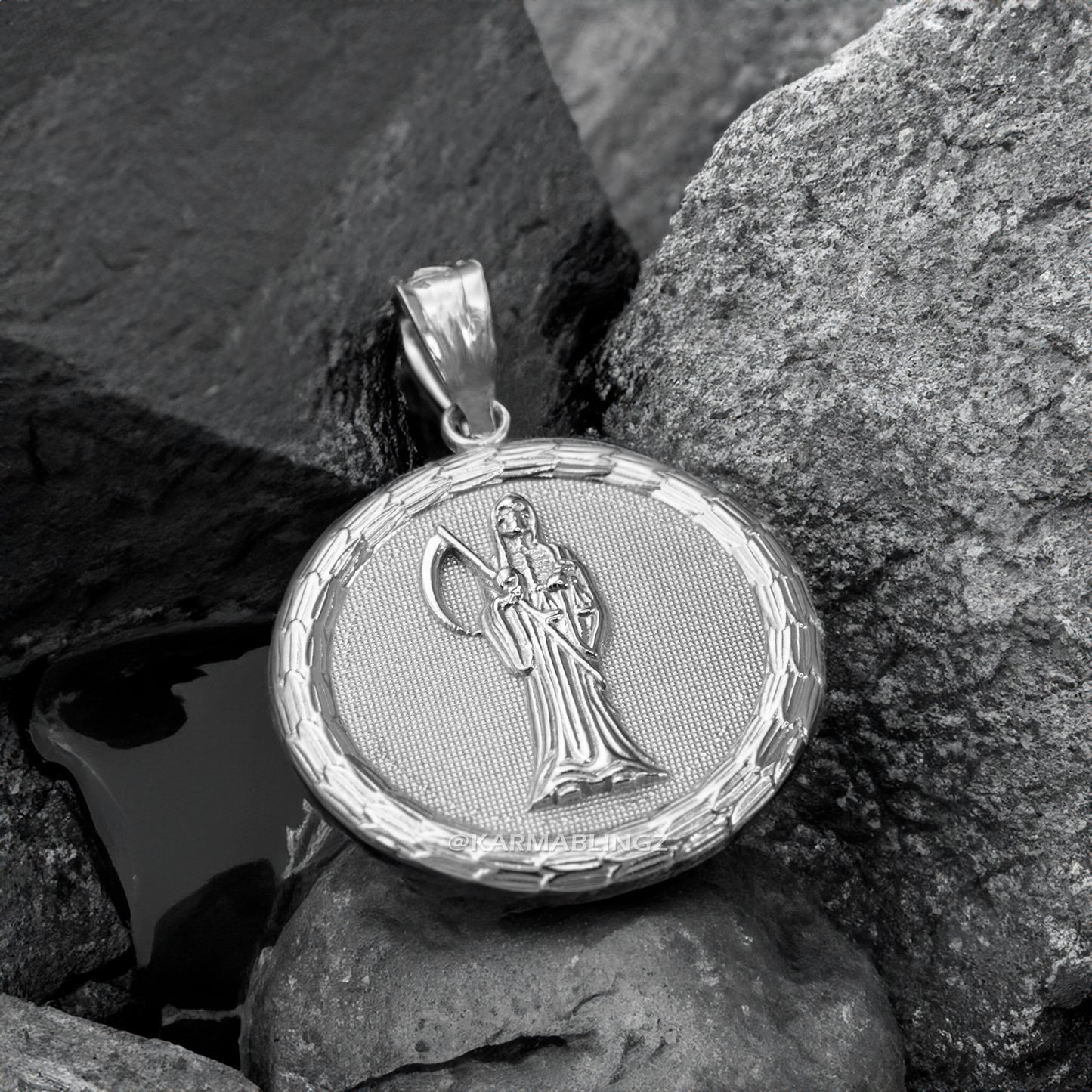 Sterling Silver Santa Muerte Medallion Pendant Necklace