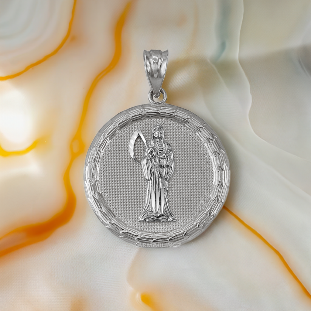 Sterling Silver Santa Muerte Medallion Pendant Necklace