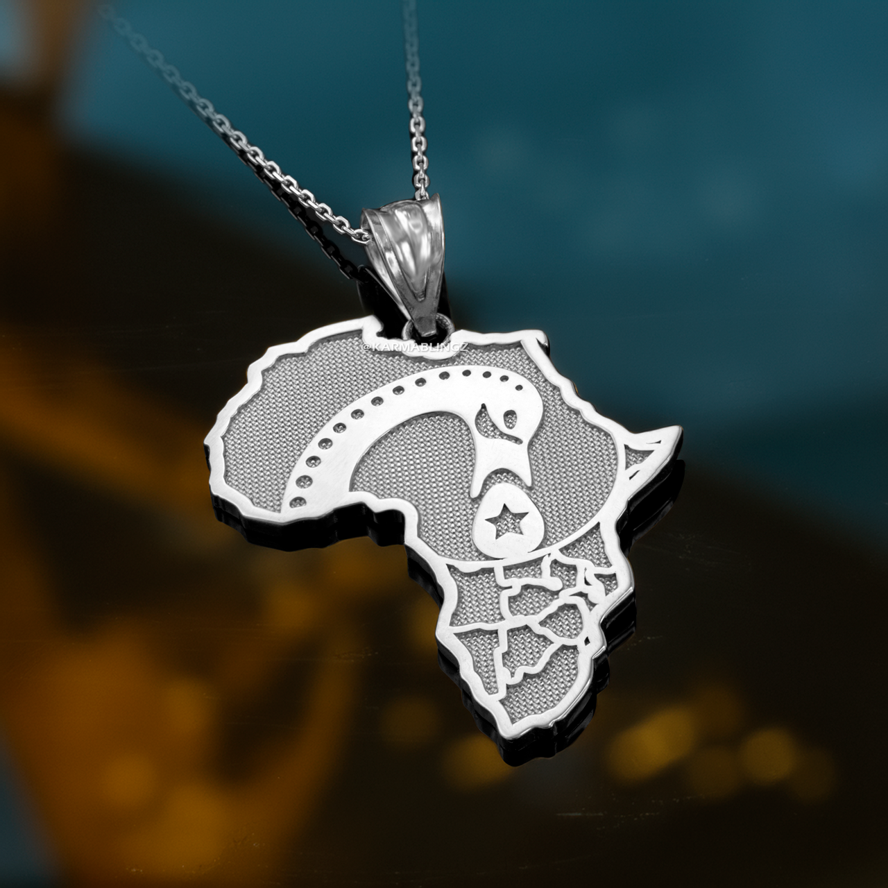 Sterling Silver Africa Map Adinkra Sankofa Bird Pendant Necklace