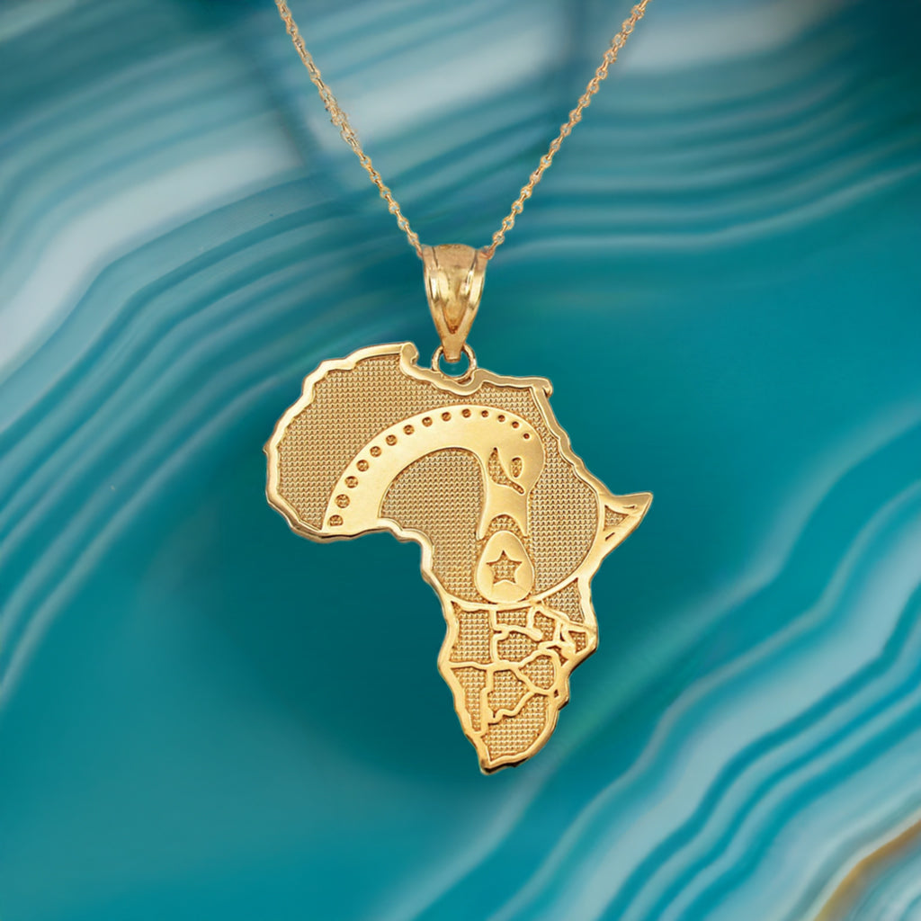Gold Africa Map Adinkra Sankofa Pendant Necklace (10K, 14K, yellow, white, rose gold)