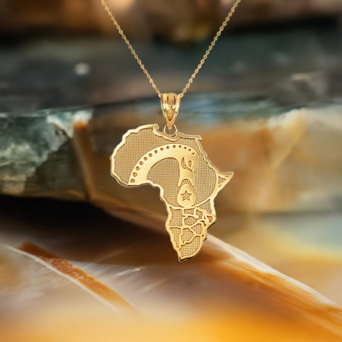 Gold Africa Map Adinkra Sankofa Pendant Necklace (10K, 14K, yellow, white, rose gold)