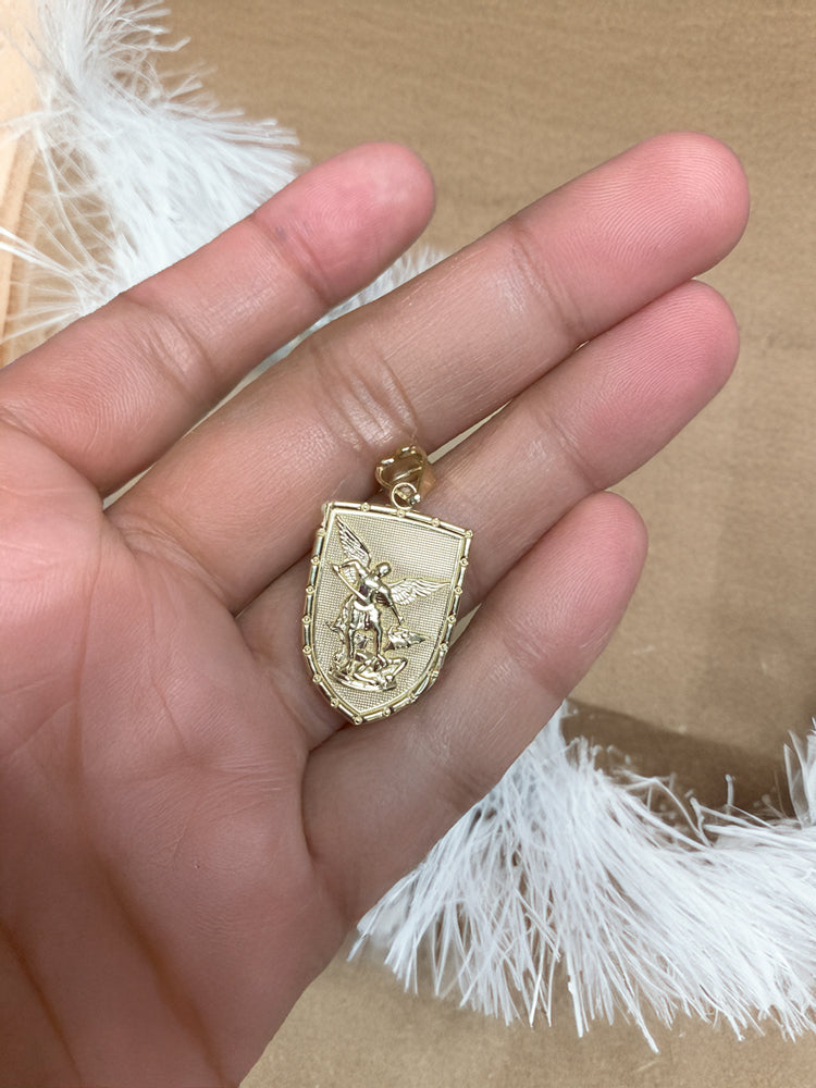 Gold St. Michael Shield Pendant Protection Charm Necklace (yellow, white, rose, 2-tone, 10K, 14K)