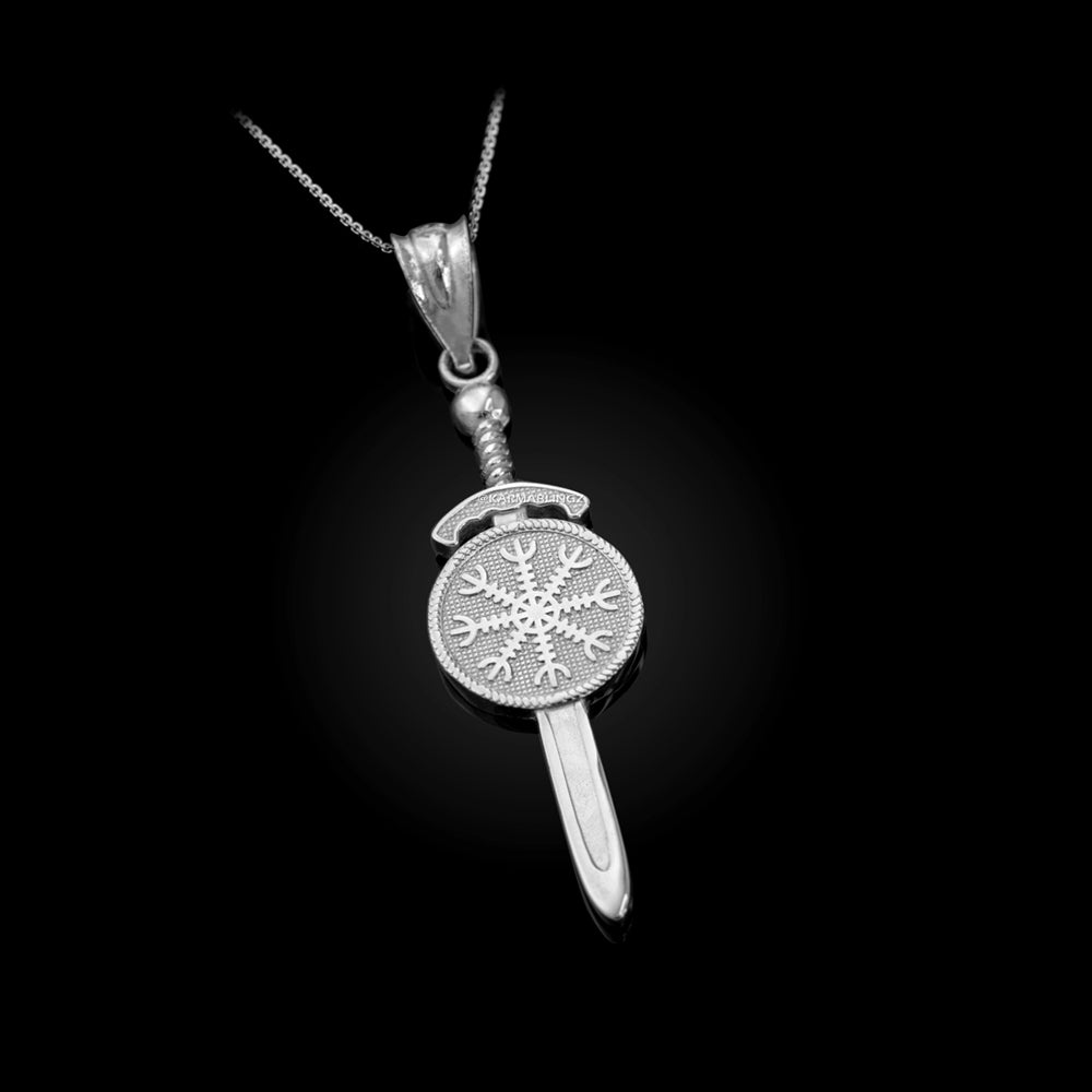Gold Viking Sword Pendant Necklace – Vegvisir Norse Amulet, 10K 14K Yellow White Rose Gold