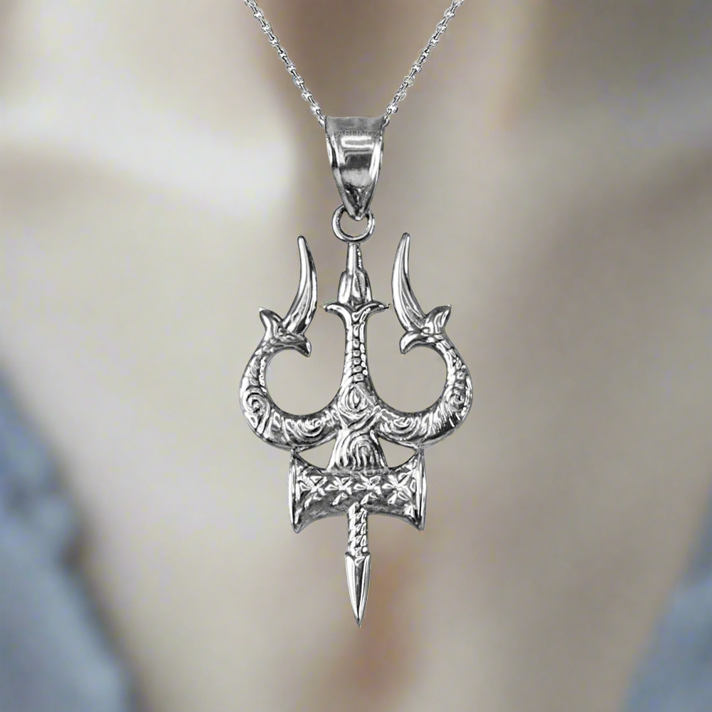 Sterling Silver Trident of Lord Shiva Trishula Pendant Necklace