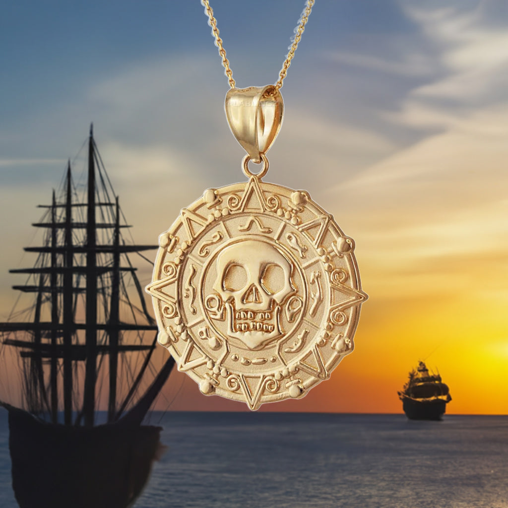 Gold Aztec Coin Pirates of The Caribbean Skull Medallion Pendant Necklace (yellow, white, rose)