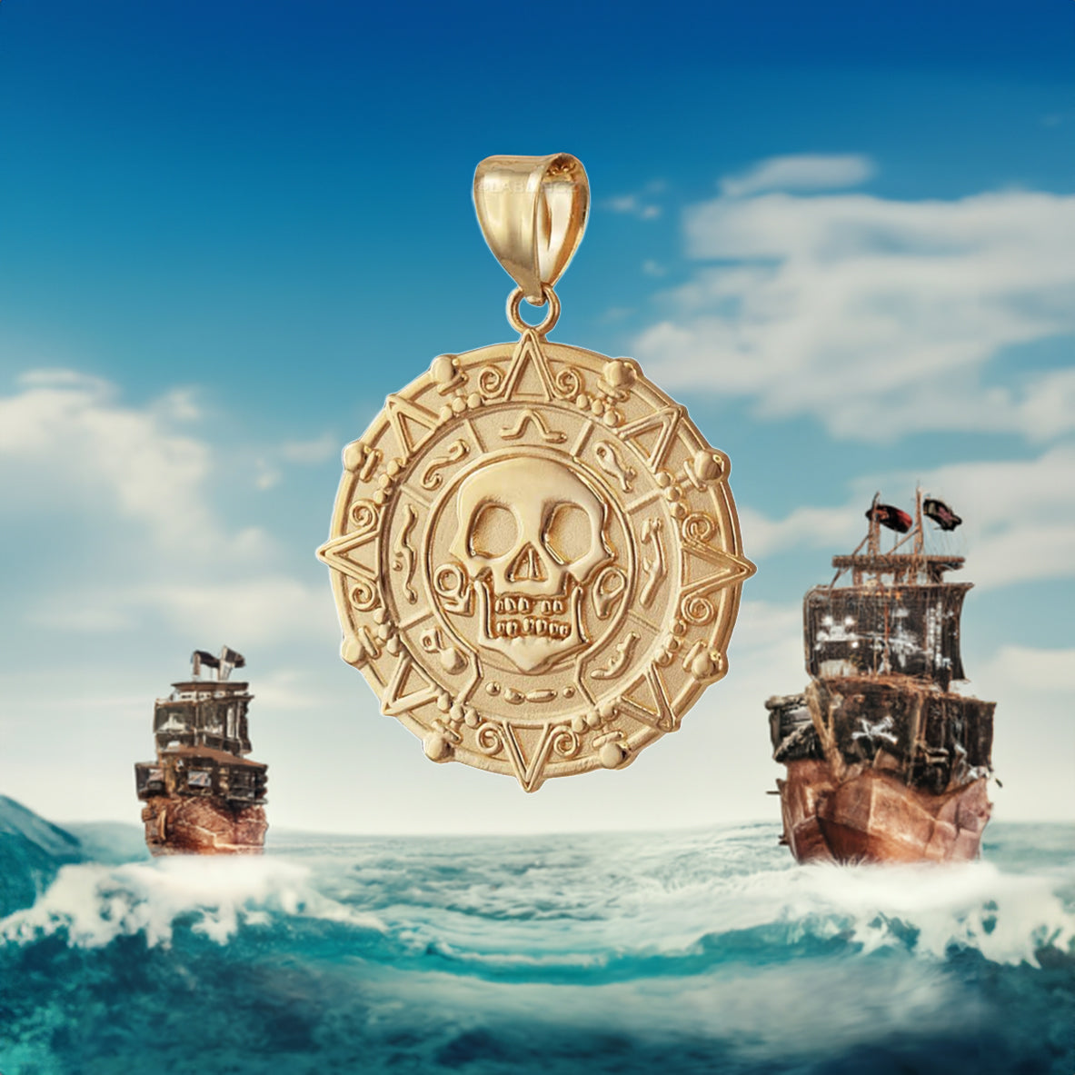 Gold Aztec Coin Pirates of The Caribbean Skull Medallion Pendant Necklace (yellow, white, rose)