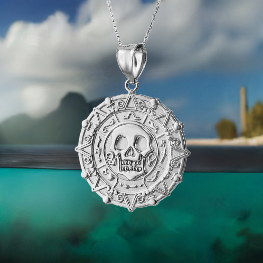 Gold Aztec Coin Pirates of The Caribbean Skull Medallion Pendant Necklace (yellow, white, rose)