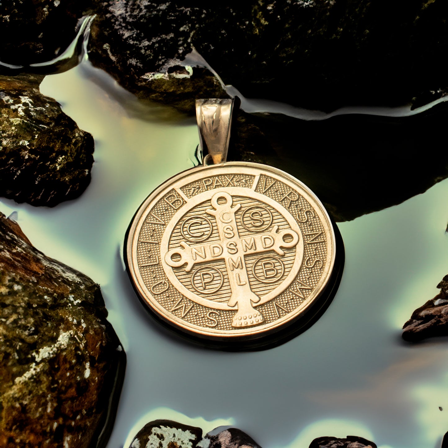 Gold St. Benedict Reversible Medal Cross Pendant Necklace (yellow, white, 2-tone, rose gold, 10k, 14k,)