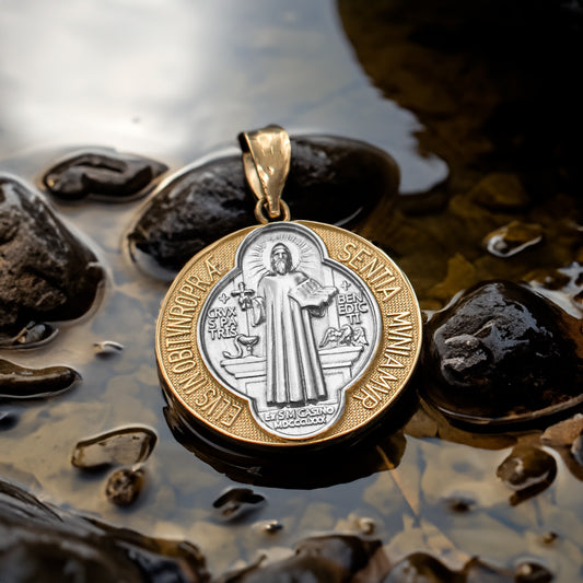 Gold St. Benedict Reversible Medal Cross Pendant Necklace (yellow, white, 2-tone, rose gold, 10k, 14k,)